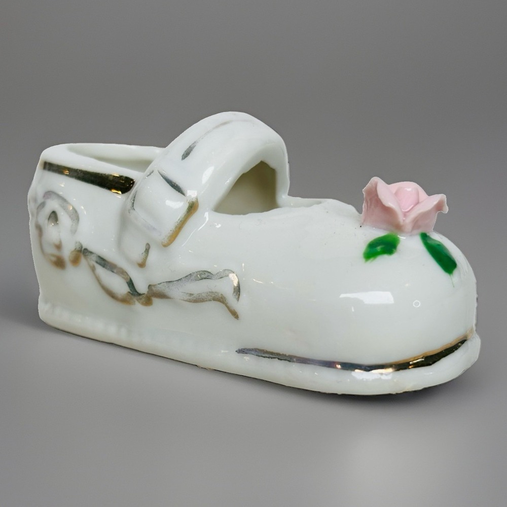 Vintage Made in Japan Ceramic Mary Jane Shoe Figurine Pink Applied Rose Slipper